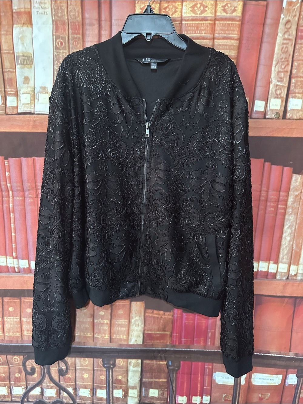 LuLaRoe Stevie Bomber Jacket XL Black Floral Metallic Elegant NWOT